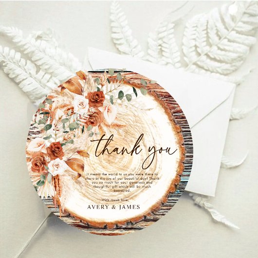 ボーホー ウッド スライス サンクス – ラスティック フラワール フォト サンキューカード