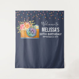 ボーホー オレンジ カメラ & フラワーズ 水彩画 誕生日 タペストリー