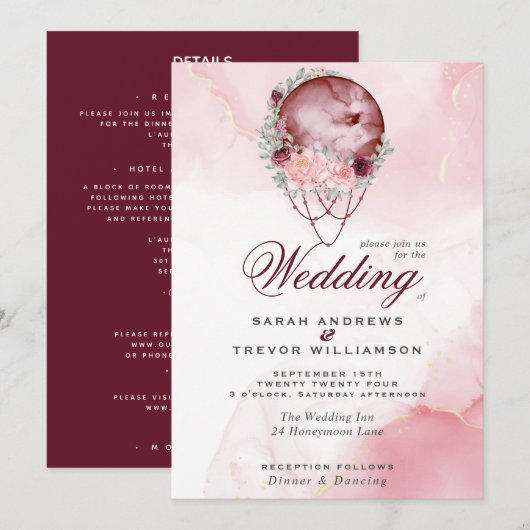 ボーホー オールインワン ウェディング ピンク マルーン ムーン インビテーション (正面/裏面)