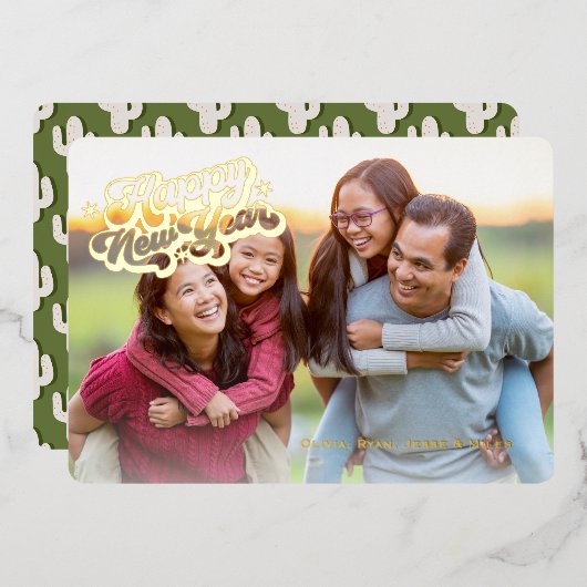 ボーホー カクタス サウスウエスト ハッピー ニューイヤー 1 フォト ゴールド 箔シーズンカード (正面/裏面)