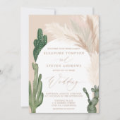 ボーホー カクタス パンパス アーチ ベージュ アーストーン ウェディング 招待状 (正面)