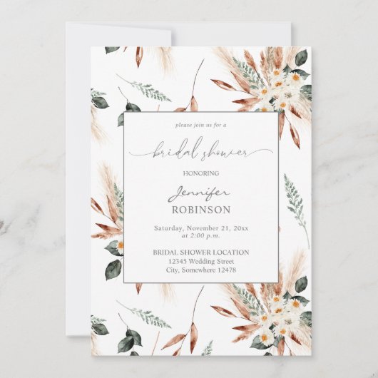 ボーホー カッパー パンパス & ベージュ フラワーブライダルシャワー 招待状 (正面)