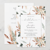 ボーホー カッパー パンパス & ベージュ フラワーブライダルシャワー 招待状 (正面/裏面)