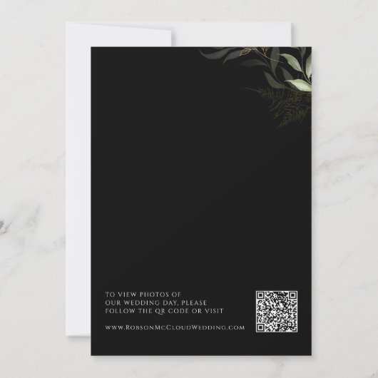 ボーホー グリーンナリー ゴールド | ブラック エロープメント アナウンスメント 招待状 (裏面)