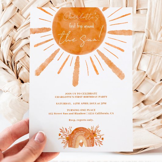 ボーホー サンシャイン レインボー オレンジ 1歳の誕生日 招待状
