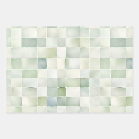 ボーホー サージュグリーン 水彩幾何学パターン ラッピングペーパーシート (正面)