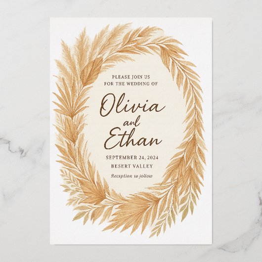 ボーホー シック ウェディング インビテーション – パンパス グラス & パーム 箔招待状 (正面)