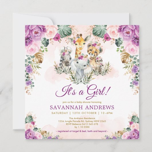 ボーホー シック サファリ ジャングル アニマル ガール ベビー シャワー 招待状 (正面)