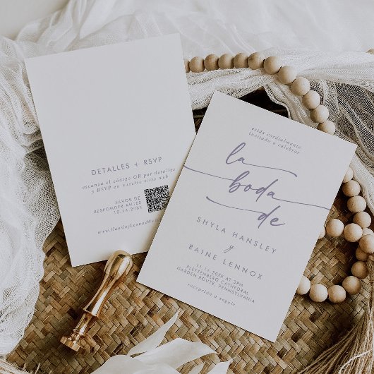 ボーホー シック ダスティ パープル QR コード スペイン語 ウェディング 招待状