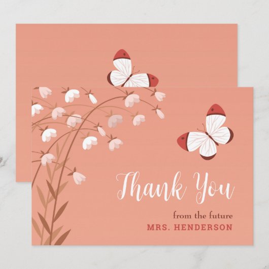 ボーホー シック バタフライ フラワーズ エレガント ブライダル シャワー サンキューカード (正面/裏面)
