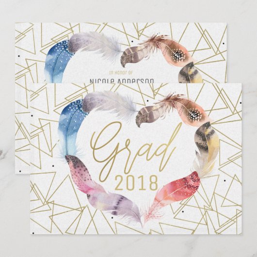 ボーホー シック フェザー ハート 卒業式 招待状 (正面/裏面)