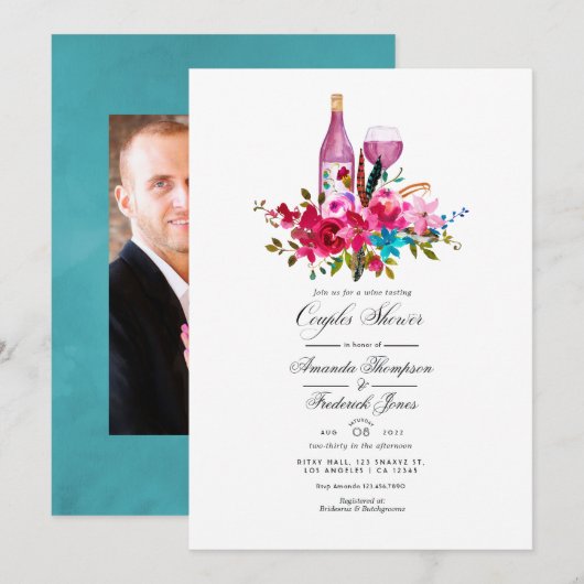 ボーホー シック フラワー カップル シャワー ワイン テイスティング 招待状 (正面/裏面)