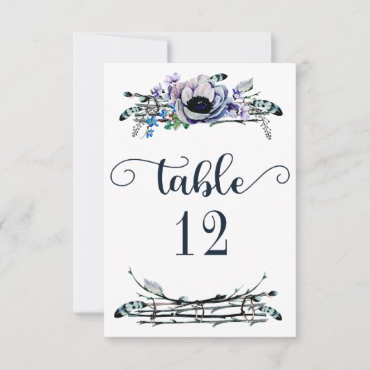 ボーホー シック ミント & ネイビー フラワー テーブル ナンバー シーティング 招待状 (正面)