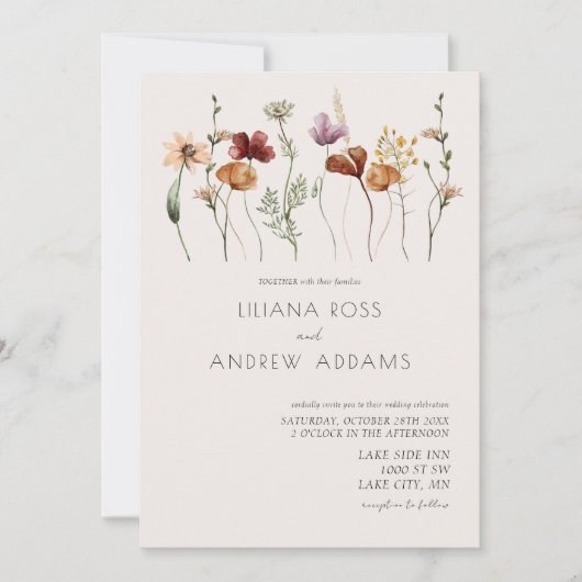 ボーホー シンプル ワイルドフラワー ウェディング 招待状 (正面)