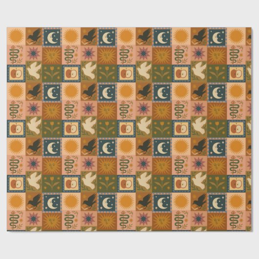 ボーホー セレスト | レトロ サン & ムーン ラッピングペーパー (フラット)