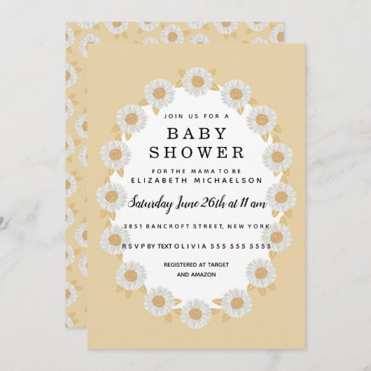 ボーホー ダイジー 黄色 赤ちゃん 女の子 ベビーシャワー 招待状 (正面/裏面)