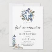 ボーホー ダスティーブルー ベージュのお花 ファーストコミュニオン 招待状 (正面)