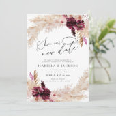 ボーホー ダスティ ピンクとバーガンディー 新しい日程を保存しよう 招待状 (スタンド正面)