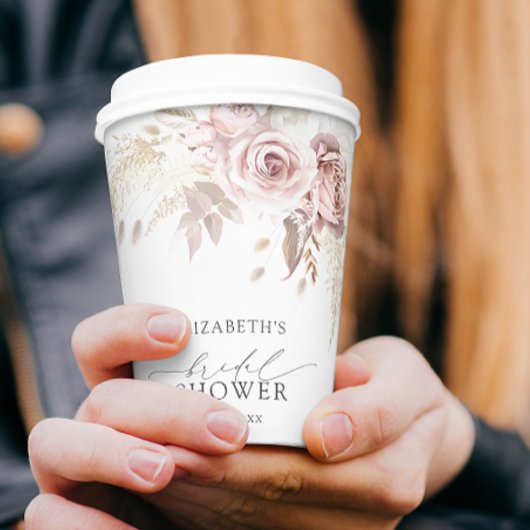 ボーホー ダスティ ローズ ピンク フラワーブライダルシャワー 紙コップ