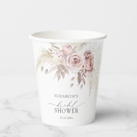 ボーホー ダスティ ローズ ピンク フラワー ブライダル シャワー 紙コップ (正面)
