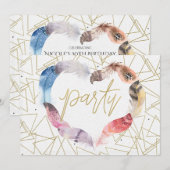 ボーホー チック フェザー ハート バースデー パーティー 招待状 (正面/裏面)