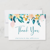 ボーホー ティールとゴールドの水彩花のカスタム フラット サンキューカード (正面)