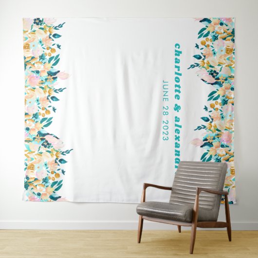 ボーホー ティールブルー ゴールドの水彩花のウェディング タペストリー (インサイチュ(横))