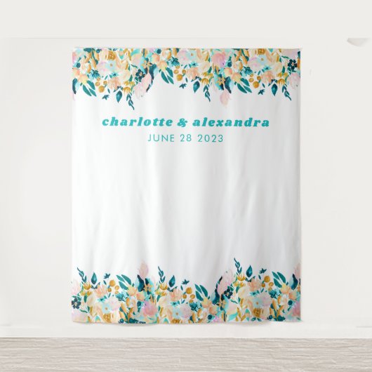 ボーホー ティールブルー ゴールドの水彩花のウェディング タペストリー (正面)