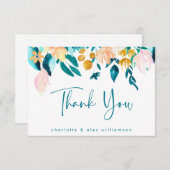 ボーホー ティール ゴールド ウォーターカラー フローラル カスタム フラット サンキューカード (正面/裏面)