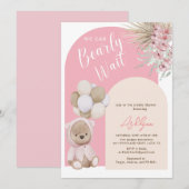ボーホー テディベア ガール ピンク ベアリ ウェイト ベイビー シャワー 招待状 (正面/裏面)