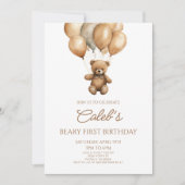 ボーホー テディベア ビアリー ファースト 1歳の誕生日パーティー 招待状 (正面)