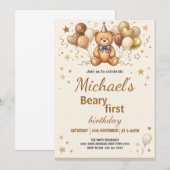 ボーホー テディベア ビアリー ファースト 1歳の誕生日パーティー 招待状 (正面/裏面)