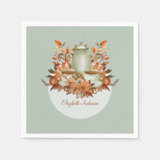 ボーホー テラコッタ サージ グリーン フラワー パーティー どんなイベントでも スタンダードカクテルナプキン (正面)