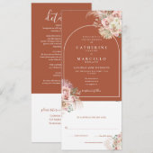 ボーホー テラコッタ パンパス グラス オール イン ワン ウェディング 招待状 (正面/裏面)