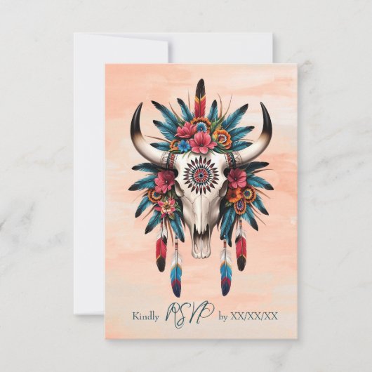 ボーホー トライバル ウォーターカラー フローラル カウ スカル ウェディング 出欠カード (正面)