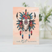 ボーホー トライバル ウォーターカラー フローラル カウ スカル ウェディング 出欠カード (スタンド正面)