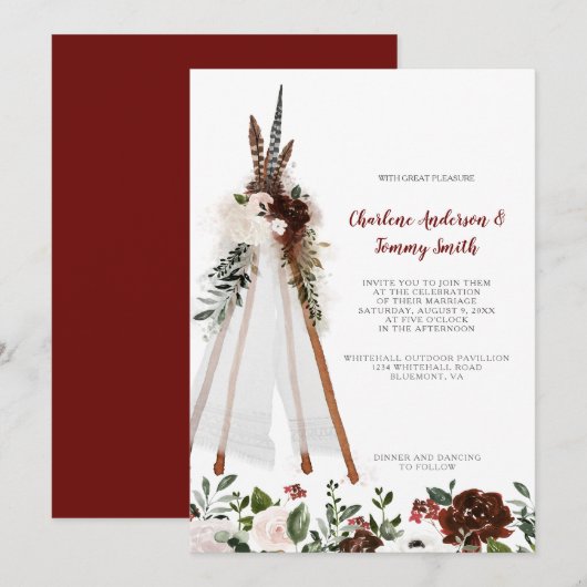 ボーホー トライバル フェザーズ フラワーブーケ ティーピー ウェディング 招待状 (正面/裏面)