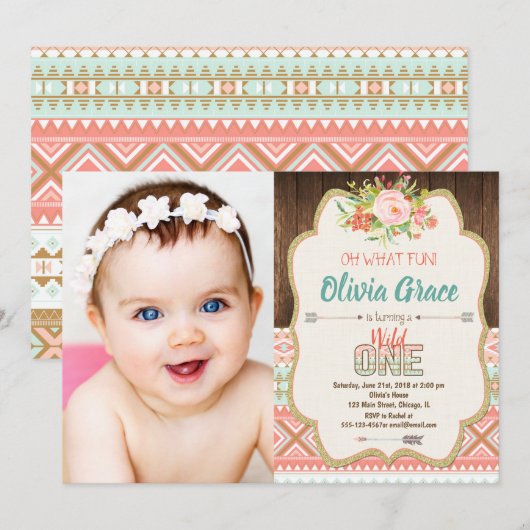ボーホー トライバル ワイルドガール 1歳の誕生日 フォト 招待状 (正面/裏面)