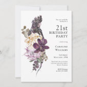 ボーホー トロピカル パープル パロット 21歳の誕生日パーティー 招待状 (正面)