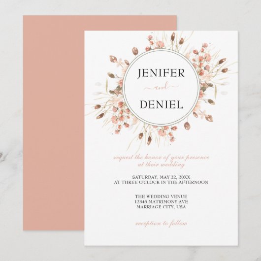 ボーホー ドライ ウォーターカラー フラワー ウェディング 招待状 (正面/裏面)