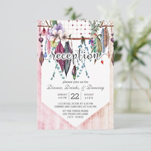 ボーホー ドリームキャッチャー & フェザーズ ウェディング レセプション エンクロージャーカード (スタンド正面)