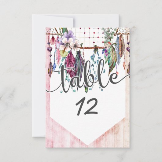 ボーホー ドリームキャッチャー&フェザー ウェディング テーブル ナンバー 招待状 (正面)