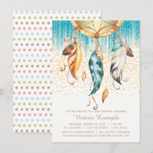 ボーホー ドリームキャッチャー ベビーシャワー 招待状 (正面/裏面)