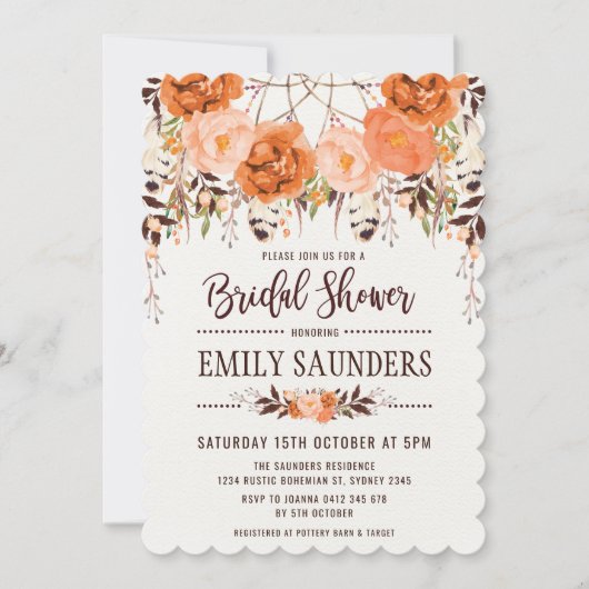 ボーホー ドリームキャッチャー 秋の花 フラワー ブライダルシャワー 招待状 (正面)