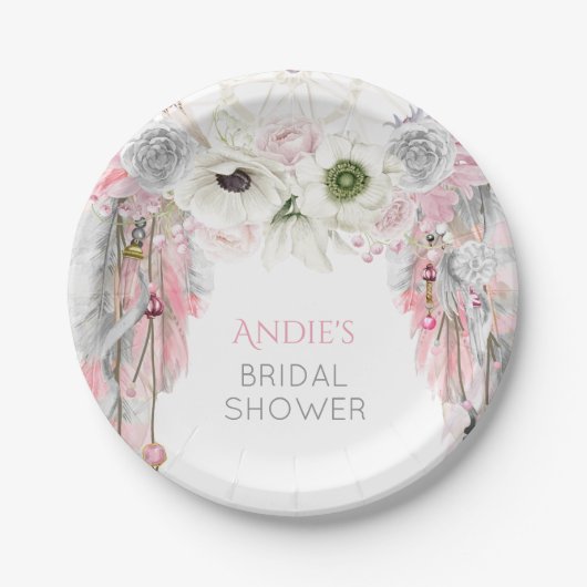 ボーホー ドリーム キャッチャー ピンク グレー 羽根 クリスタル ペーパープレート (正面)