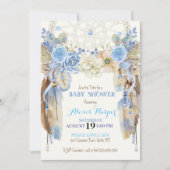 ボーホー ドリーム キャッチャー 羽根 青 アイボリー 茶色 招待状 (正面)