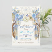 ボーホー ドリーム キャッチャー 羽根 青 アイボリー 茶色 招待状 (スタンド正面)