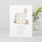 ボーホー ニュートラル ウッド ブロック レターズ  女の子のシャワー 招待状 (スタンド正面)