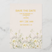 ボーホー ニュートラル ホワイト ウォーターカラー ワイルドフラワー ウェディング 箔招待状 (正面)