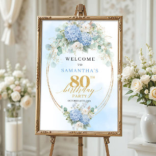 ボーホー ハイドレンジア ダスティーブルー 80歳の誕生日おめでとう ポスター